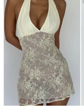 NWT XS Cherie Attire Elegant Cream Halter Lace Mini Dress